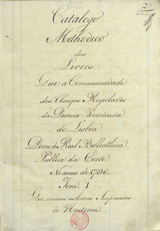 Capa de Catalogo methodico dos livros que a Communidade dos Clerigos Regulares da Divina Providencia de Lisboa doou à Real Bibliotheca Publica da Corte no anno de 1796