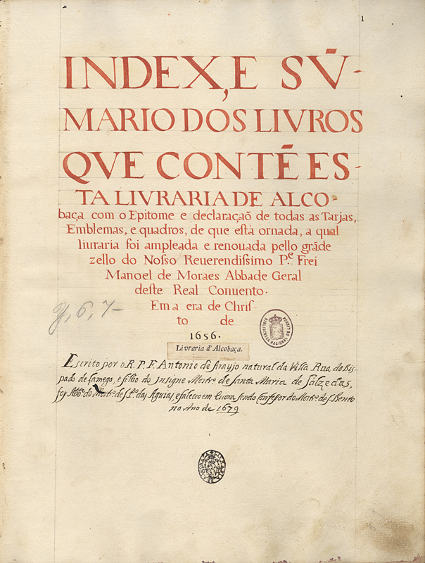 Capa de Index e summario dos livros que contem esta livraria de Alcobaça com o Epitome e declaração de todas as Tarjas, Emblemas, e quadros, de que está ornada