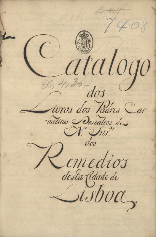 Capa de Catalogo dos Livros dos Padres Carmelitas Descalços de N. Snr.ª dos Remedios desta cidade de Lisboa