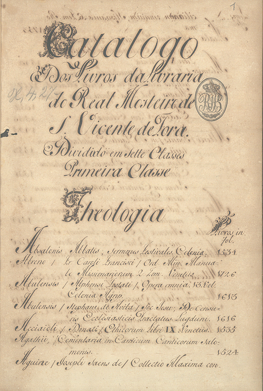 Capa de Catalogo dos Livros da Livraria do Real Mosteiro de S. Vicente de Fora dividido em Sette Classes
