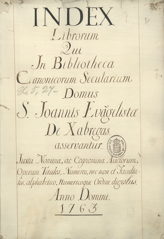 Capa de Index Librorum qui in Bibliotheca Canonicorum Secularium Domus S. Joannis Evangelistae de Xabregas asservantur juxta Nomina