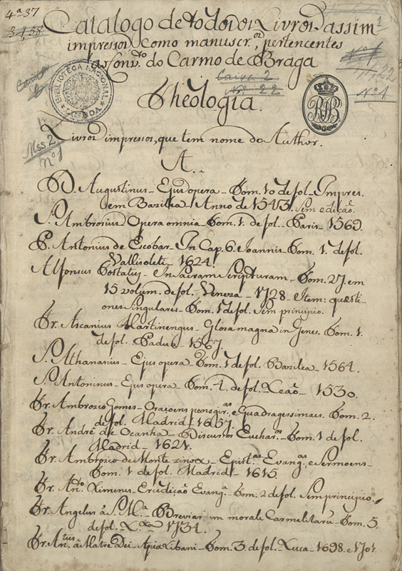 Capa de Catalogo de todos os Livros assim impressos como manuscr.os, pertencentes ao Conv.to do Carmo de Braga
