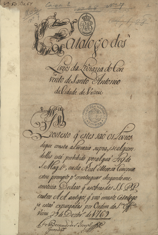 Capa de Catalogo dos Livros da Livraria do Convento de Santo Antonio da cidade de Vizeu
