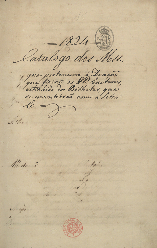 Capa de Catalogo dos Mss. que pertencem à Doação que fizérão os P. P. Caetanos