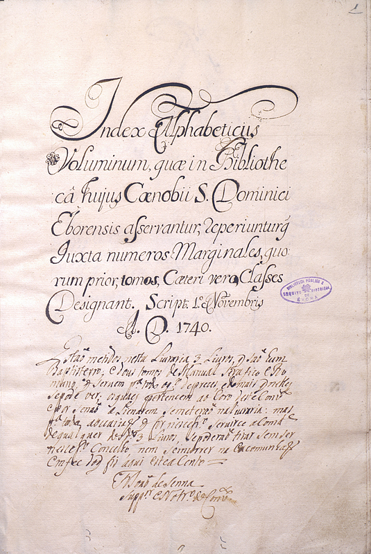 Capa de Index Alphabeticus Voluminum, quae in Bibliotheca hujus Caenobii S. Dominici Eborensis asservantur